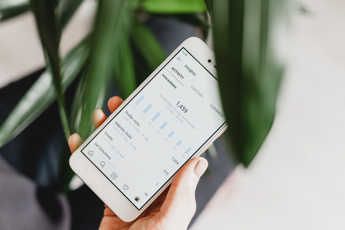 Someone holding a phone open to a dashboard app with a plant in the background.