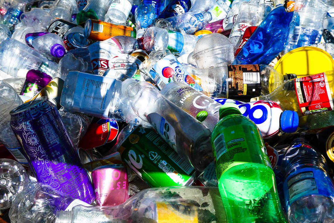 Close up of plastic bottles and cans