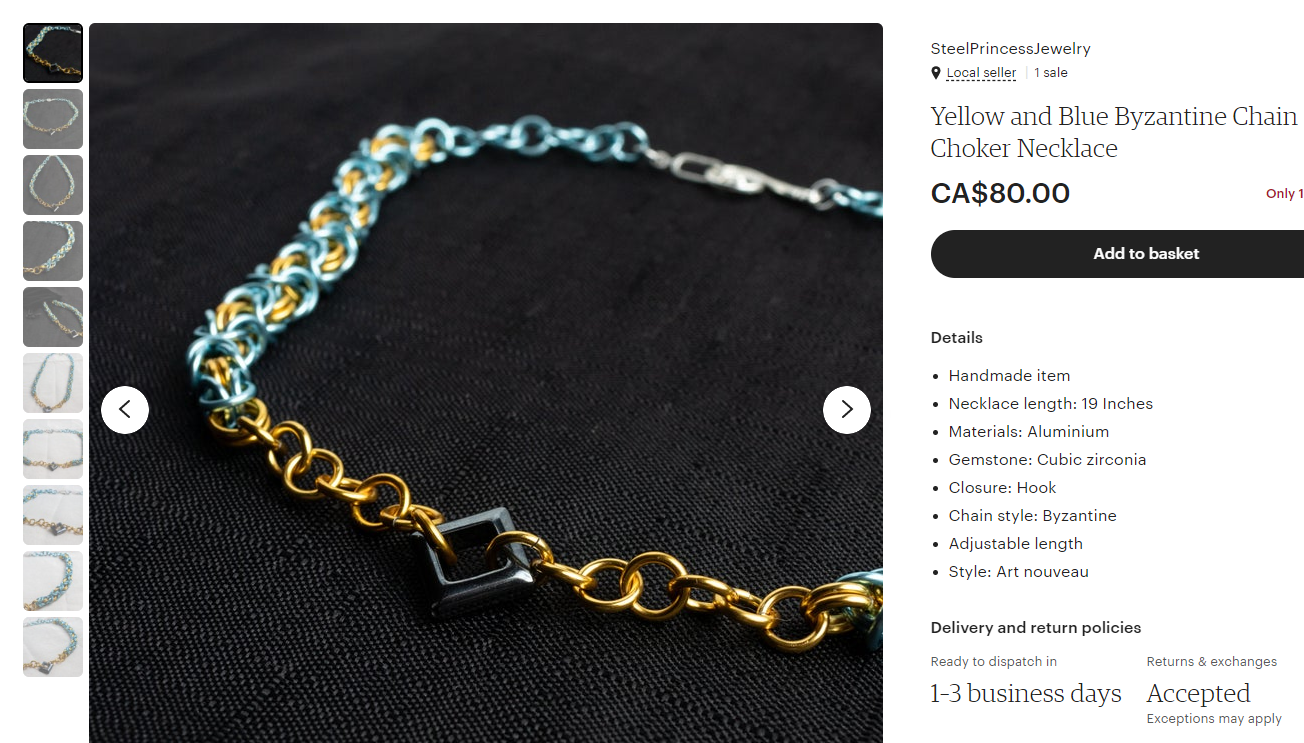 Screenshot of a product page on Etsy.ca for jewelry