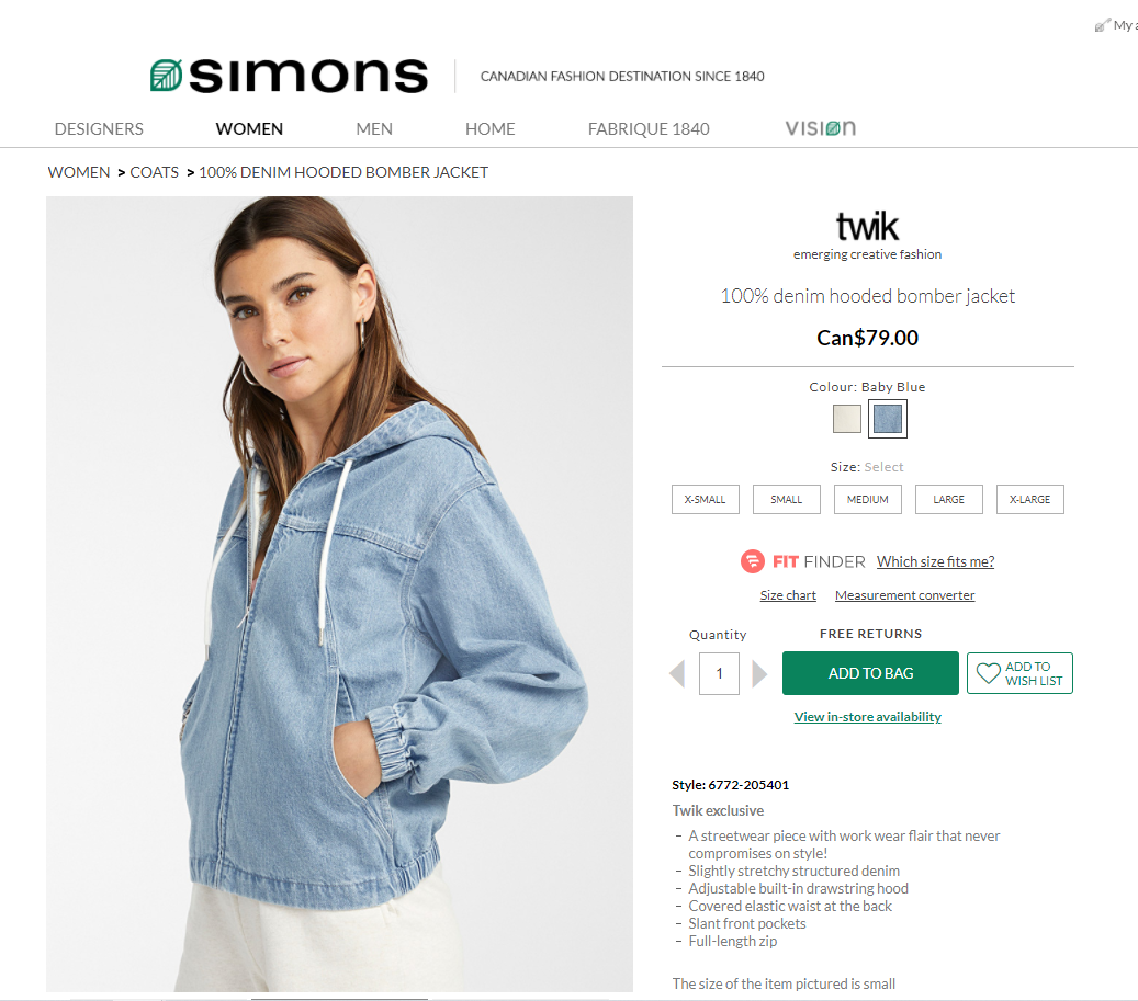 Screenshot of a product page for a jacket on Simons.ca
